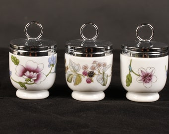 Royal Worcester Botanical Flowers Egg Coddlers - Set of 3 - Vintage Ceramic Collectible Dining Serving Entertaining