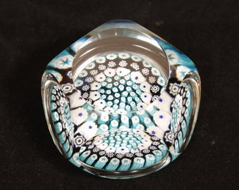 Millefiori Blue White Turquoise Art Glass Paperweight - Vintage Glass Collectible Home Decor Living Gift