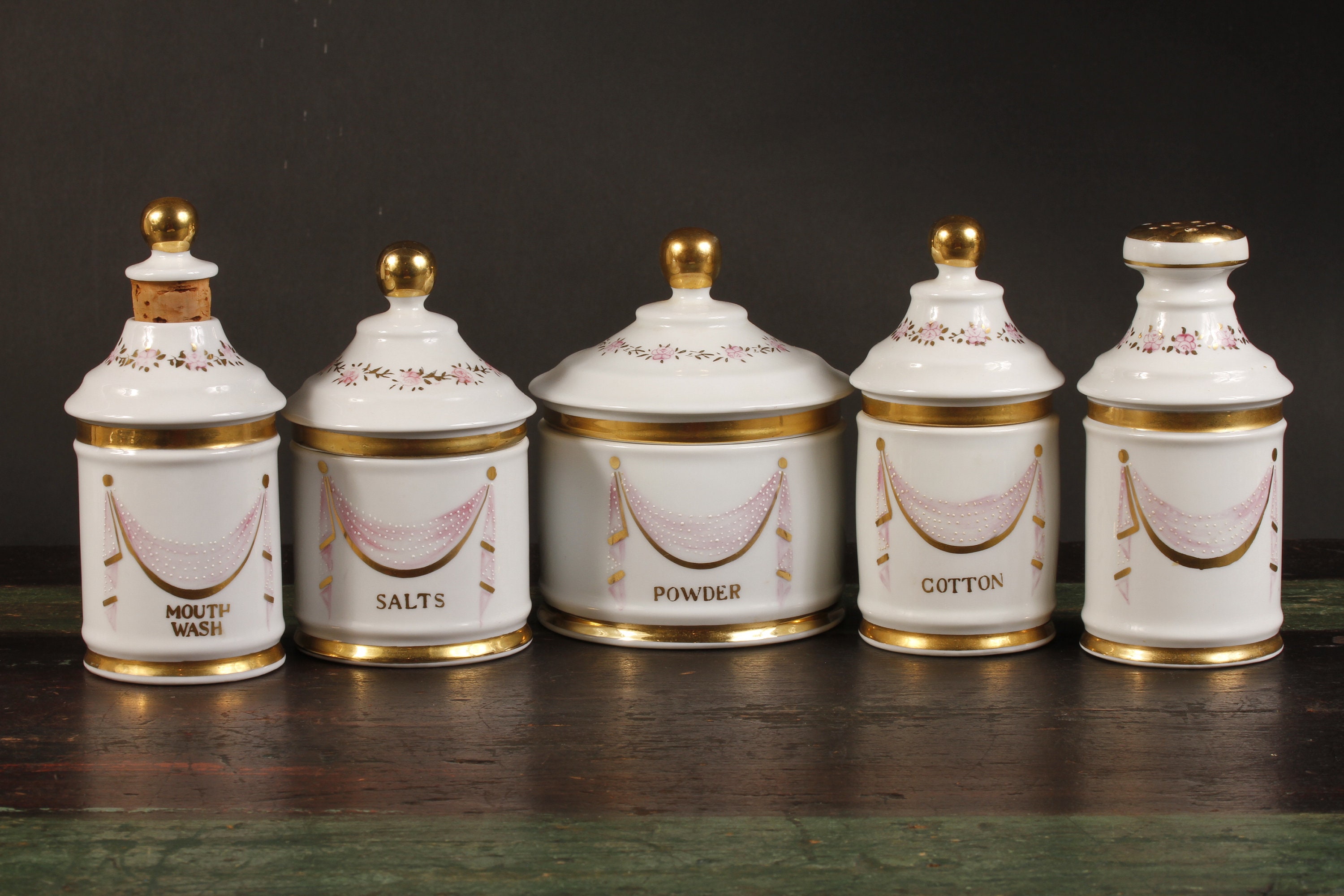 White Pink Garland Porcelain Vanity Set - Set of 5 - Vintage Ceramic Collectible Home Living Decor