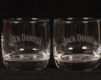 Jack Daniels Whiskey Bottoms Up Old No. 7 Round Glasses - Set of 2 - Vintage Glass Collectible Barware Dining Serving Entertaining