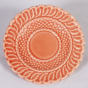 Bordallo Pinheiro Coral Salmon Basketweave Dessert Plate Cup Saucer Vintage Ceramic Collectible Dining Serving Entertaining image 7