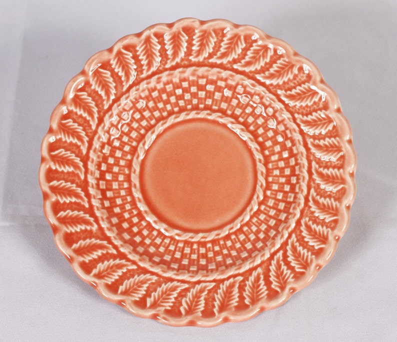 Bordallo Pinheiro Coral Salmon Basketweave Dessert Plate Cup Saucer Vintage Ceramic Collectible Dining Serving Entertaining image 7