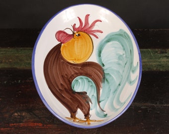 Vietri Handpainted Brown Rooster Oval Serving Shallow Bowl - Vintage Ceramic Collectible Dining Serving Entertaining