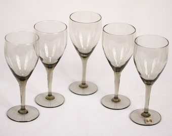 Mid Century Modern Smokey Gray Glass White Wine Glass - Set of 5 - Vintage Glass Collectible Dining Serving Entertaining