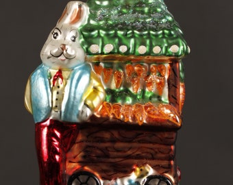 Christopher Radko Dapper Bunny with Carrot Cart Glass Ornament - Vintage Christmas Collectible Holiday Home Decor