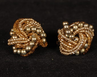 1950's Beaded Gold Tone Clip-On Earrings - Vintage Collectible Jewelry Fashion Accessory