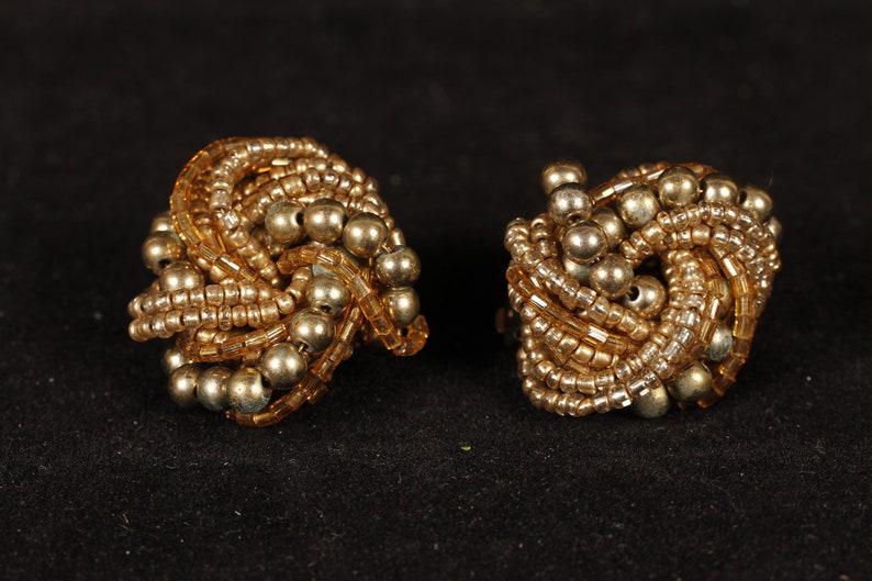 1950's Beaded Gold Tone Clip-On Earrings Vintage Collectible Jewelry Fashion Accessory image 1