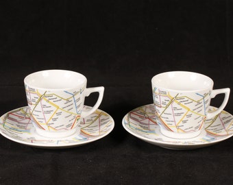 RATF Metro & Bus Objects de Paris Espresso Cups and Saucers - Set of 2 - Vintage Ceramic Collectible Dining Serving Entertaining