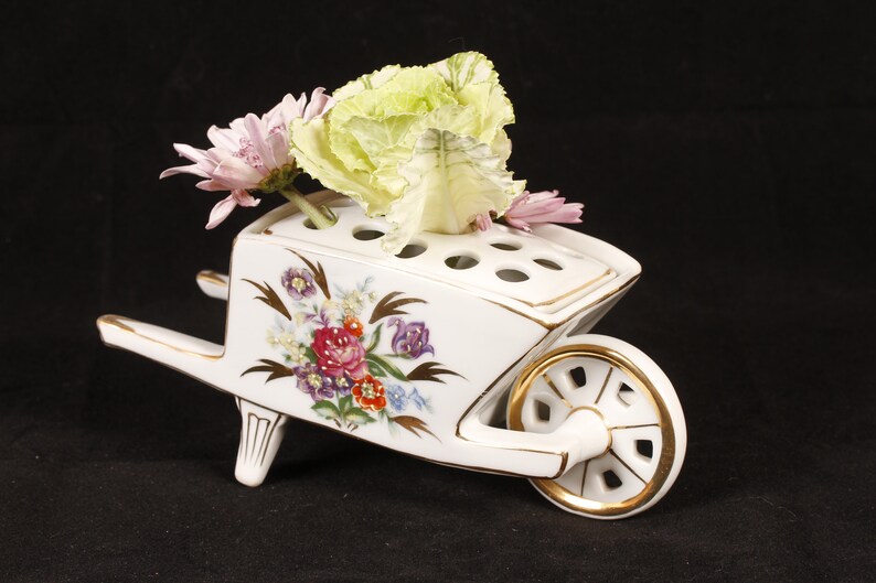 Floral Wheelbarrow Flower Frog Vintage Ceramic Collectible Home Decor Living image 2