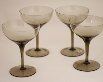 Mid Century Modern Smokey Gray Glass Coupe Champagne - Set of 4 - Vintage Glass Collectible Dining Serving Entertaining