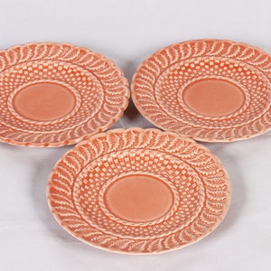 Bordallo Pinheiro Coral Salmon Basketweave Saucers Set of 3 Vintage Ceramic Collectible Dining Serving Entertaining image 2