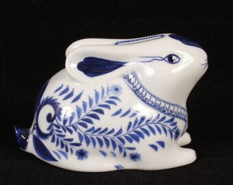 Blue White Decorative Bunny Bank - Vintage Ceramic Collectible Home Decor Living Gift