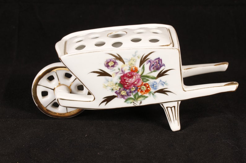 Floral Wheelbarrow Flower Frog Vintage Ceramic Collectible Home Decor Living image 3