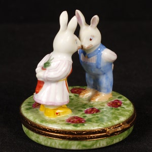 Limoges France Kissing Bunnies with Gifts Trinket Box Vintage Ceramic Collectible Home Living Decor image 2