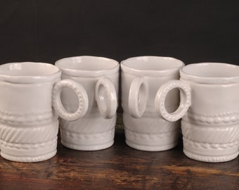 Embossed White Ceramic Stoneware Mugs - Set of 4 - Vintage Ceramic Collectible Dining Serving Entertaining