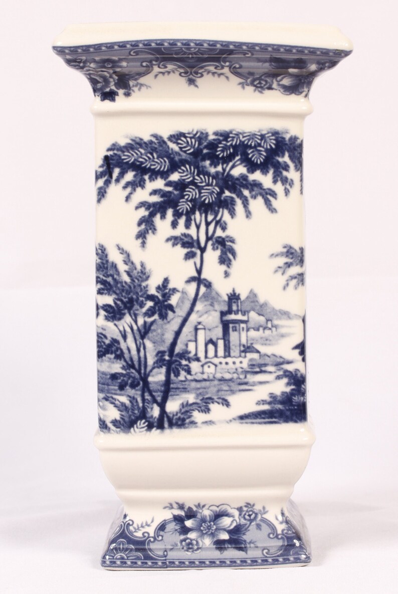 Madison Bay Company Blue Transferware Architectural Scenes Vase Vintage Ceramic Collectible Home Decor Living image 4