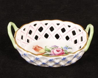 Herend Printemps Pattern #7425 Floral Open Work Basket - Vintage Ceramic Collectible Home Living Decor