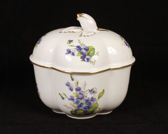 Limoges Purple Flowers Four Lobed Covered Dish - Vintage Ceramic Collectible Home Living Decor