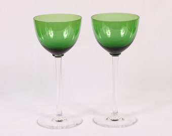 Baccarat Montaigne Pattern Emerald Rhine Wine Glasses - Set of 2 - Vintage Glass Collectible Dining Serving Entertaining Barware