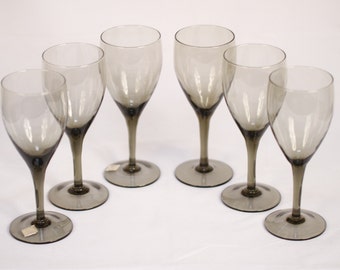 Mid Century Modern Smokey Gray Glass White Wine Glass - Set of 6 - Vintage Glass Collectible Dining Serving Entertaining