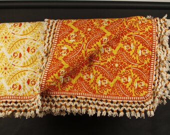 Mid-Century Boho Ethnic Imported Woven Wool Orange Yellow Coverlet and Shams - Set of 3 - Vintage Bedding Collectible Home Living Decor