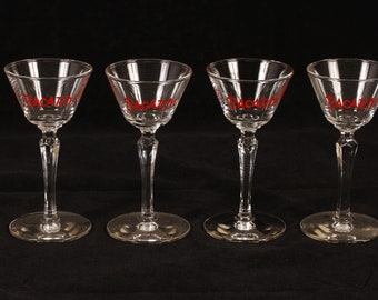 Bacardi Advertising Stemmed Cocktail Glasses - Set of 4 - Vintage Glass Collectible Dining Serving Entertaining