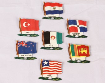 Nabisco Shredded Wheat Metal Countries Flags with Tabs - Set of 7 - Vintage Cereal Collectible Memorabilia