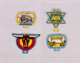 Post Raisin Bran Premium Prizes Litho Metal Badges with Tabs - Set of 4 - Vintage Cereal Collectible Memorabilia