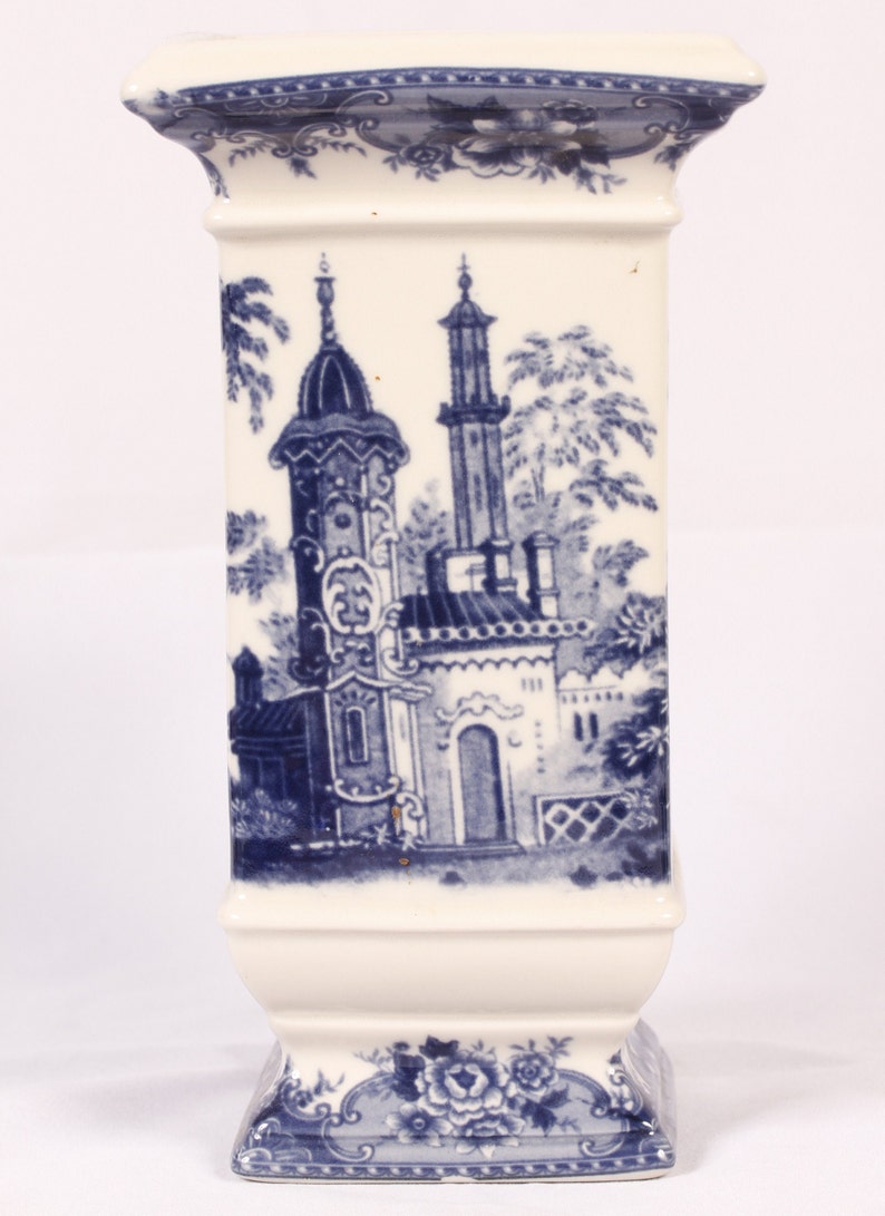 Madison Bay Company Blue Transferware Architectural Scenes Vase Vintage Ceramic Collectible Home Decor Living image 3