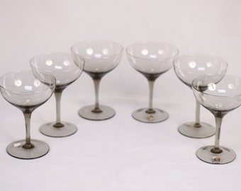 Mid Century Modern Smokey Gray Glass Coupe Champagne - Set of 6 - Vintage Glass Collectible Dining Serving Entertaining