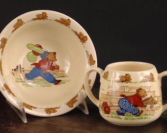 Sylvac Ware Teddy Bear Double Handle Cup and Bowl - Vintage Ceramic Collectible Dining Serving Entertaining