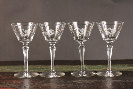 Libbey Chanticleer Rooster Stemmed Cocktail Glasses Set of 4 Vintage Glass  Collectible Dining Serving Entertaining 