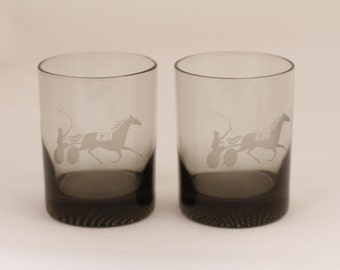 Etched Harness Racing Old Fashioned Cocktail Glasses - Set of 2 - Vintage Glass Collectible Dining Serving Entertaining Barware