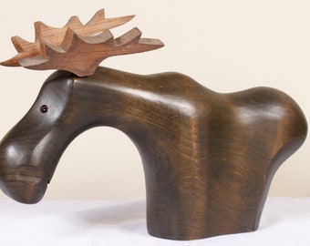 Hand Carved Moose Sculpture by Yoma LeBel Canadian Ebenisterie - Vintage Animal Collectible Home Living Decor