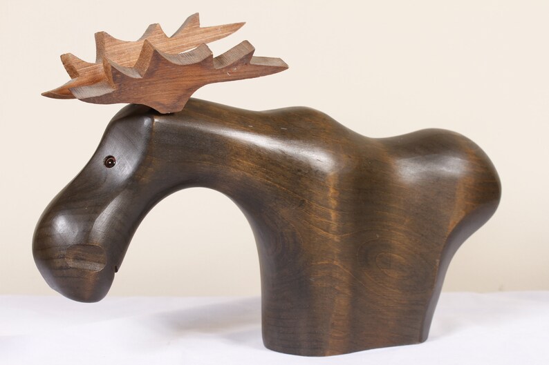 Hand Carved Moose Sculpture by Yoma LeBel Canadian Ebenisterie Vintage Animal Collectible Home Living Decor image 1