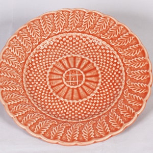 Bordallo Pinheiro Coral Salmon Basketweave Dessert Plate Cup Saucer Vintage Ceramic Collectible Dining Serving Entertaining image 5