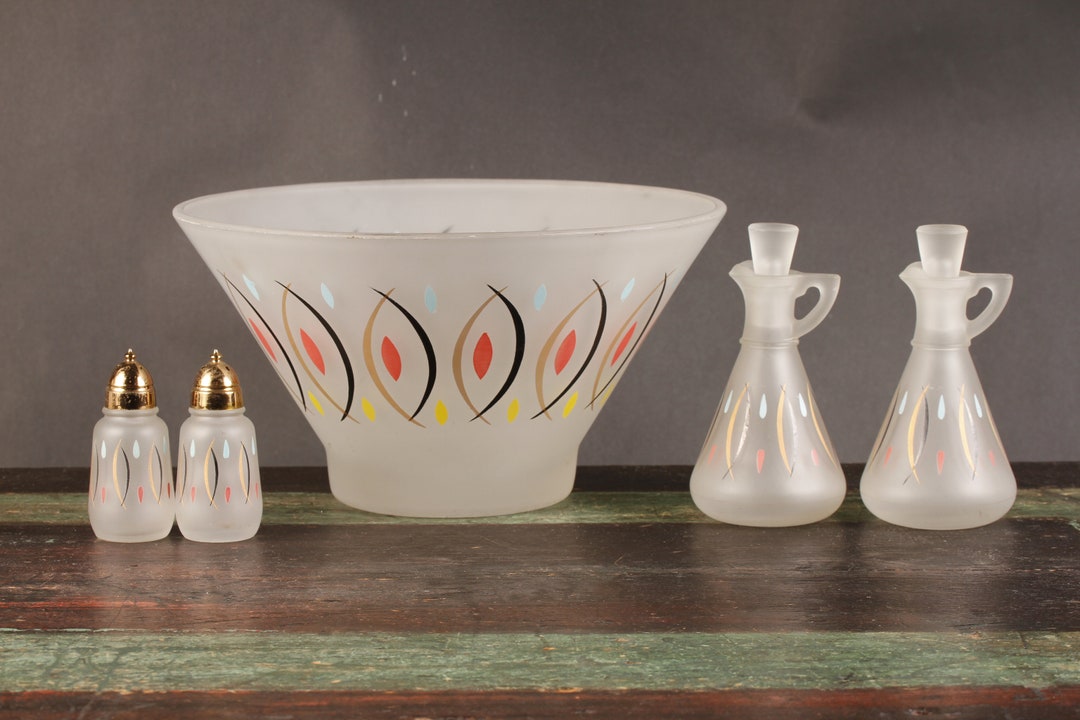 Hazelatlas Handpainted Frosted Glass Salad Bowl Shakers Etsy