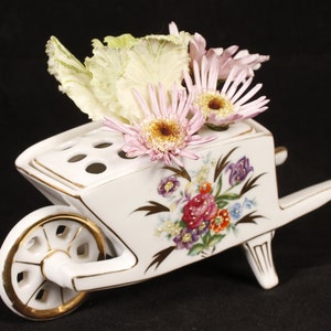 Floral Wheelbarrow Flower Frog Vintage Ceramic Collectible Home Decor Living image 1