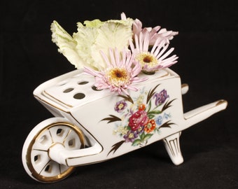 Floral Wheelbarrow Flower Frog - Vintage Ceramic Collectible Home Decor Living