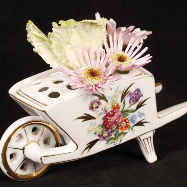 Floral Wheelbarrow Flower Frog - Vintage Ceramic Collectible Home Decor Living