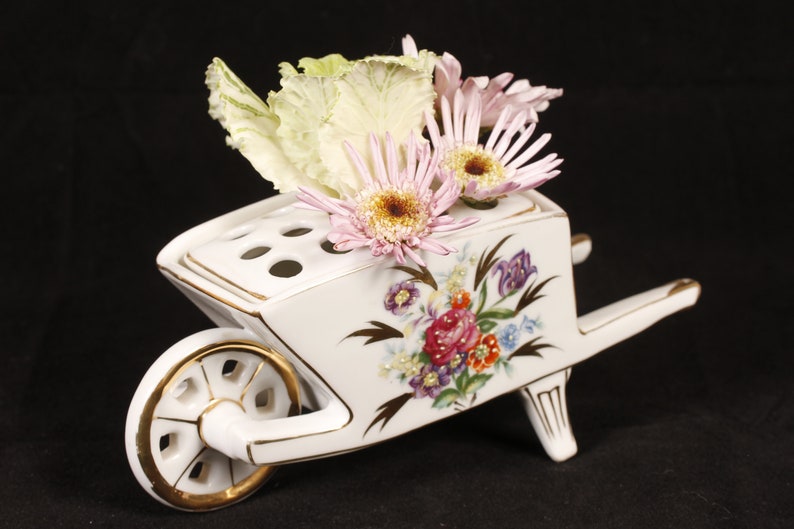Floral Wheelbarrow Flower Frog Vintage Ceramic Collectible Home Decor Living image 1