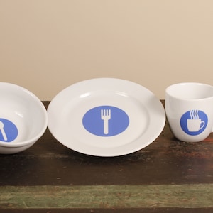 Crate and Barrel White Cup Bowl Plate Blue Graphic Set of 3 Vintage Ceramic Collectible Dining Serving Entertaining image 1