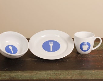 Crate and Barrel White Cup Bowl Plate Blue Graphic - Set of 3 - Vintage Ceramic Collectible Dining Serving Entertaining