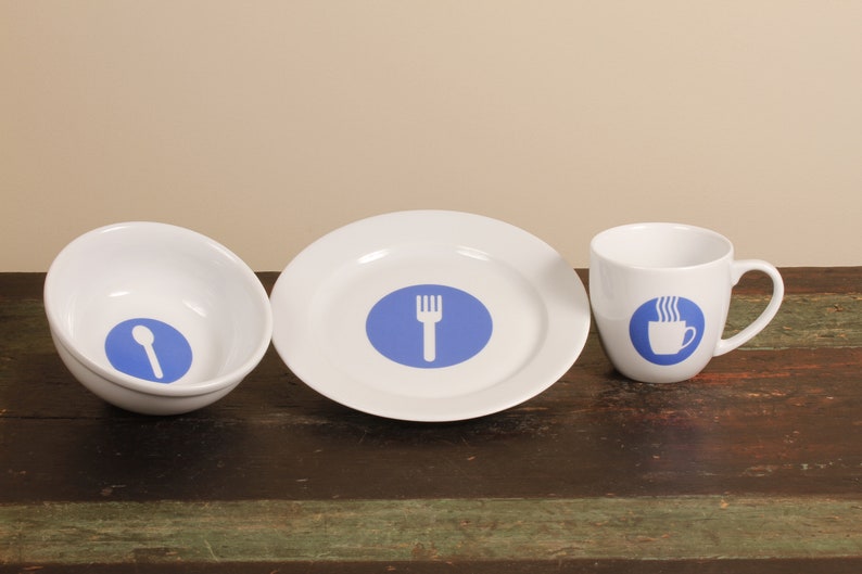 Crate and Barrel White Cup Bowl Plate Blue Graphic Set of 3 Vintage Ceramic Collectible Dining Serving Entertaining image 1