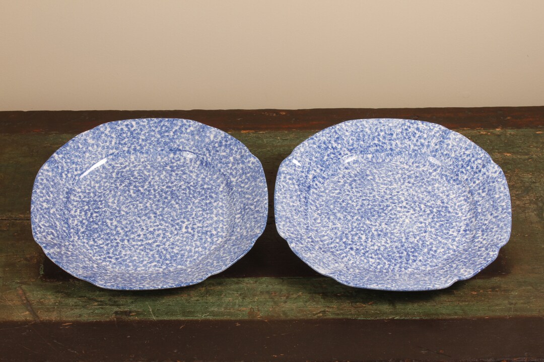 Blue Spongeware Dinner Plates Set of 2 Vintage Ceramic Etsy