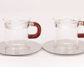 Bodum Chambord Bistro Cups and Saucers - Set of 2 - Vintage Glass Collectible Dining Serving Entertaining