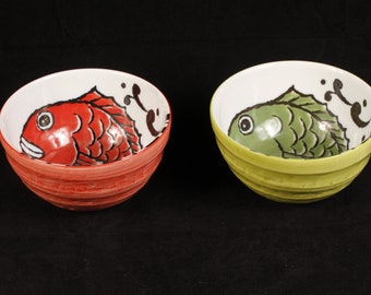 Japanese Fish Rice Multipurpose Bowls - Set of 2 - Vintage Ceramic Collectible Dining Serving Entertaining