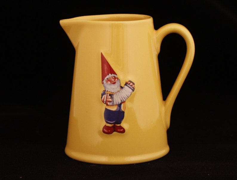 Kiss That Frog Cleen Gnome Leon a l'accordeon Small Ceramic Pitcher Vintage Collectible Ceramic Home Table Decor image 1