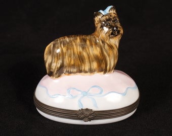 Limoges France Yorkshire Terrier Trinket Box - Vintage Ceramic Collectible Home Living Decor