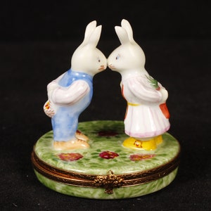 Limoges France Kissing Bunnies with Gifts Trinket Box Vintage Ceramic Collectible Home Living Decor image 1